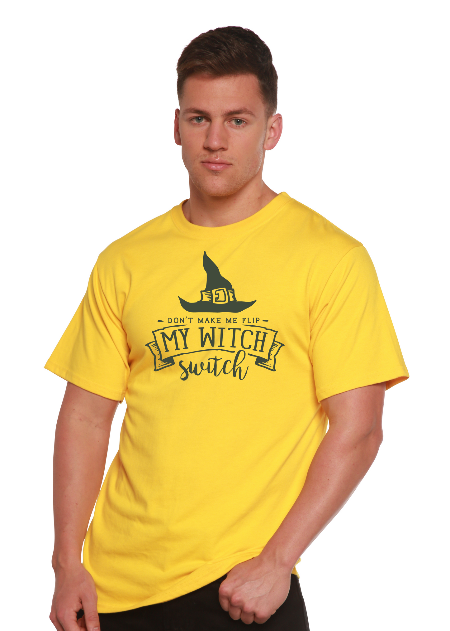 My Witch yellow bamboo viscose organic cotton graphic T-shirt with witch hat My Witch Switch on Tampa Home & Garden Store