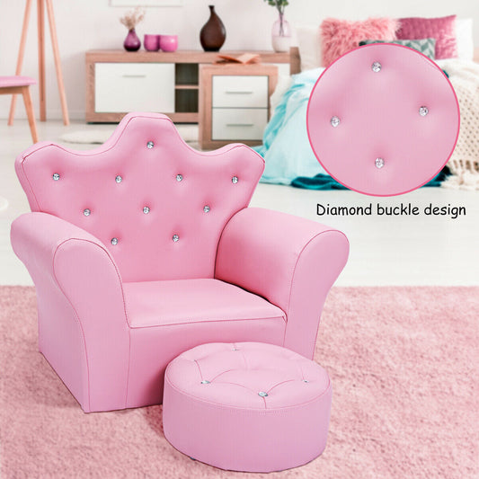 Children Upholstered Princess Sofa with Ottoman and Diamond Decoration for Boys and Girls - Tampa Home & Garden Store