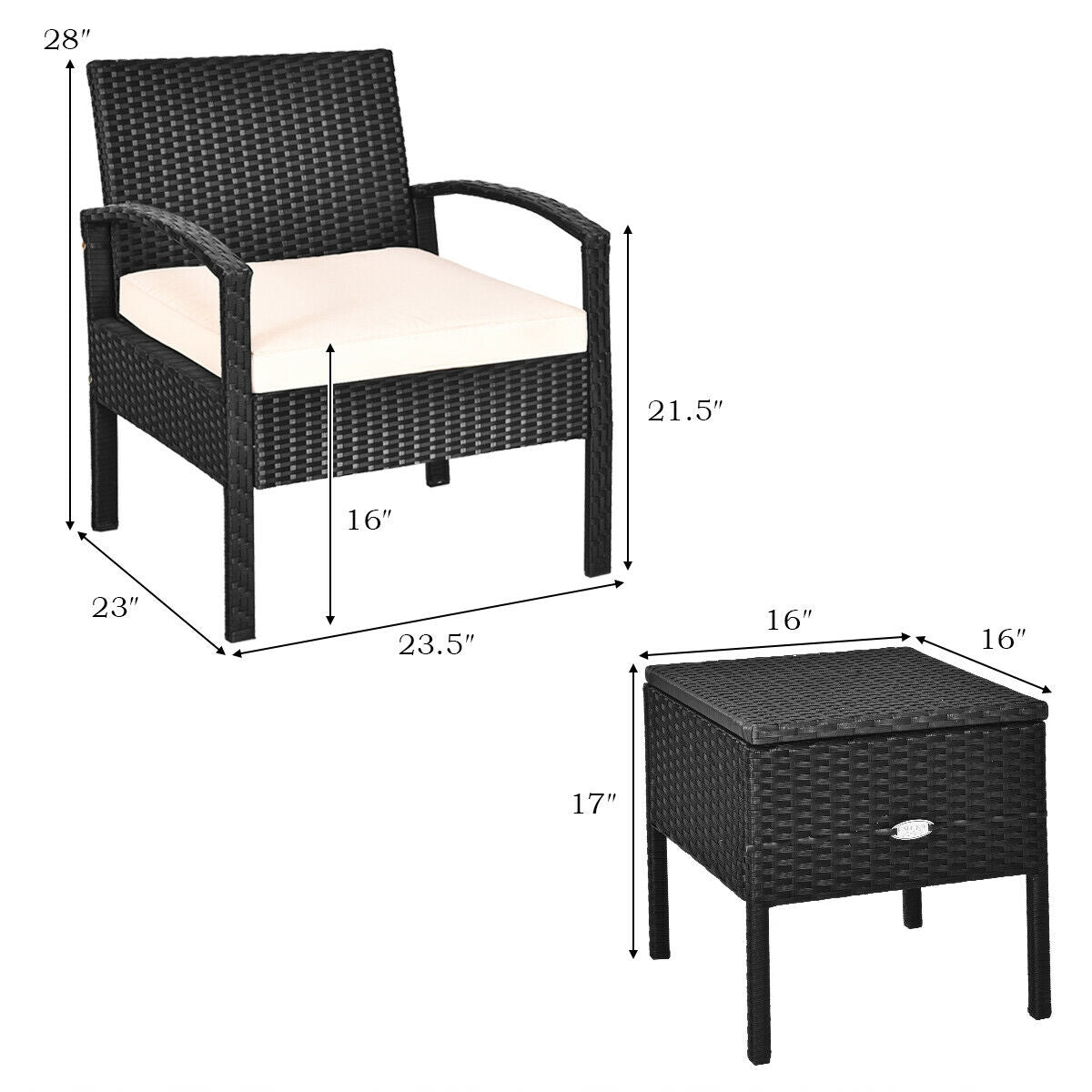 3 Piece PE Rattan Wicker Sofa Set with Washable and Removable Cushion for Patio-Red