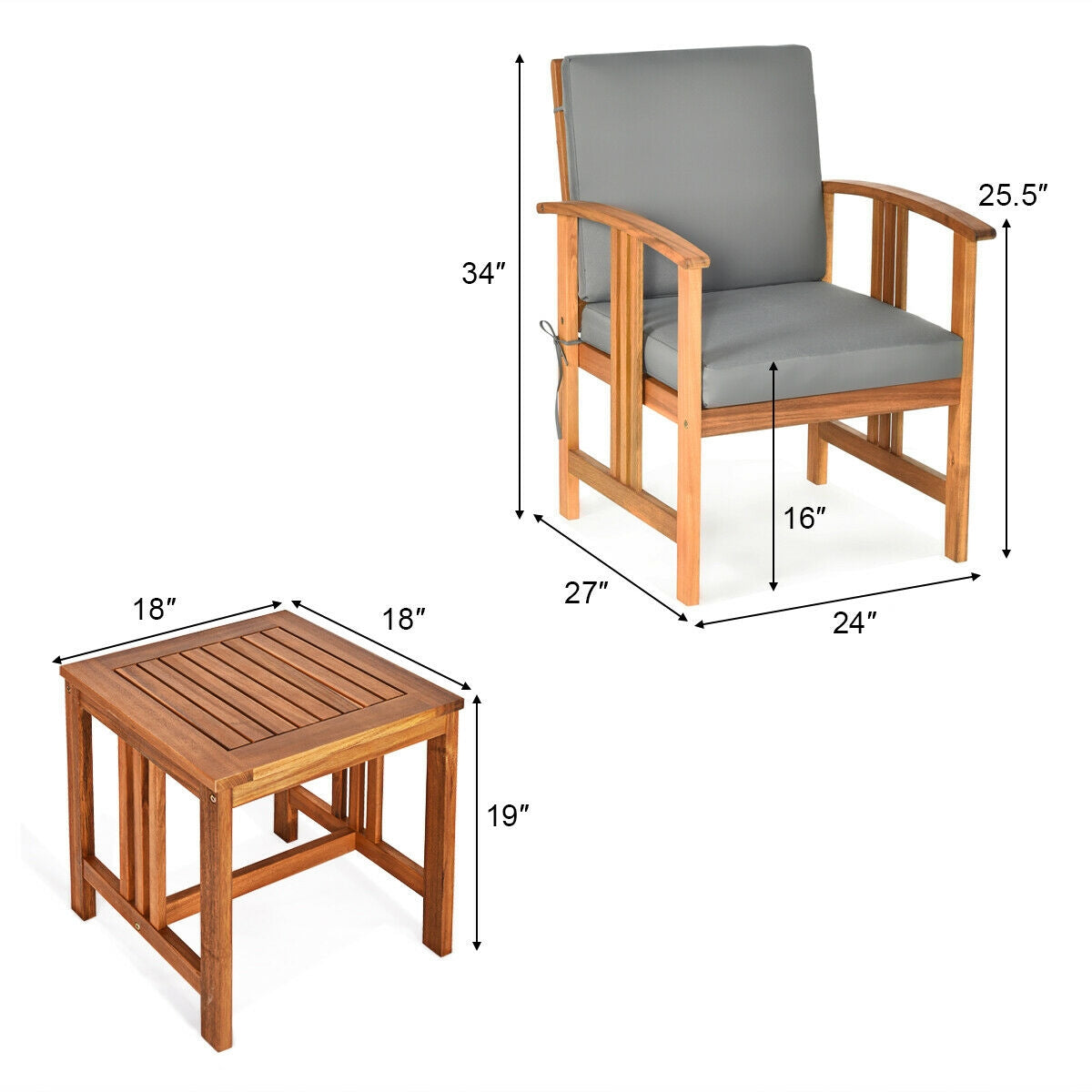 Juego de muebles de sofá para patio exterior de madera maciza de 3 piezas - Gris
