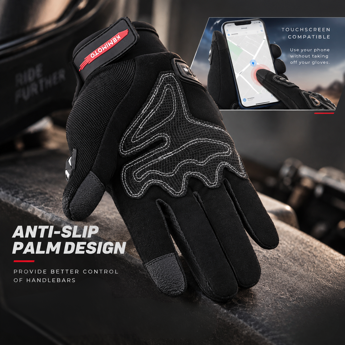Gloves Summer Riding Hard Knuckle Touchscreen Gloves black anti-slip palm BikerZoneZ on Tampa Home & Garden Store