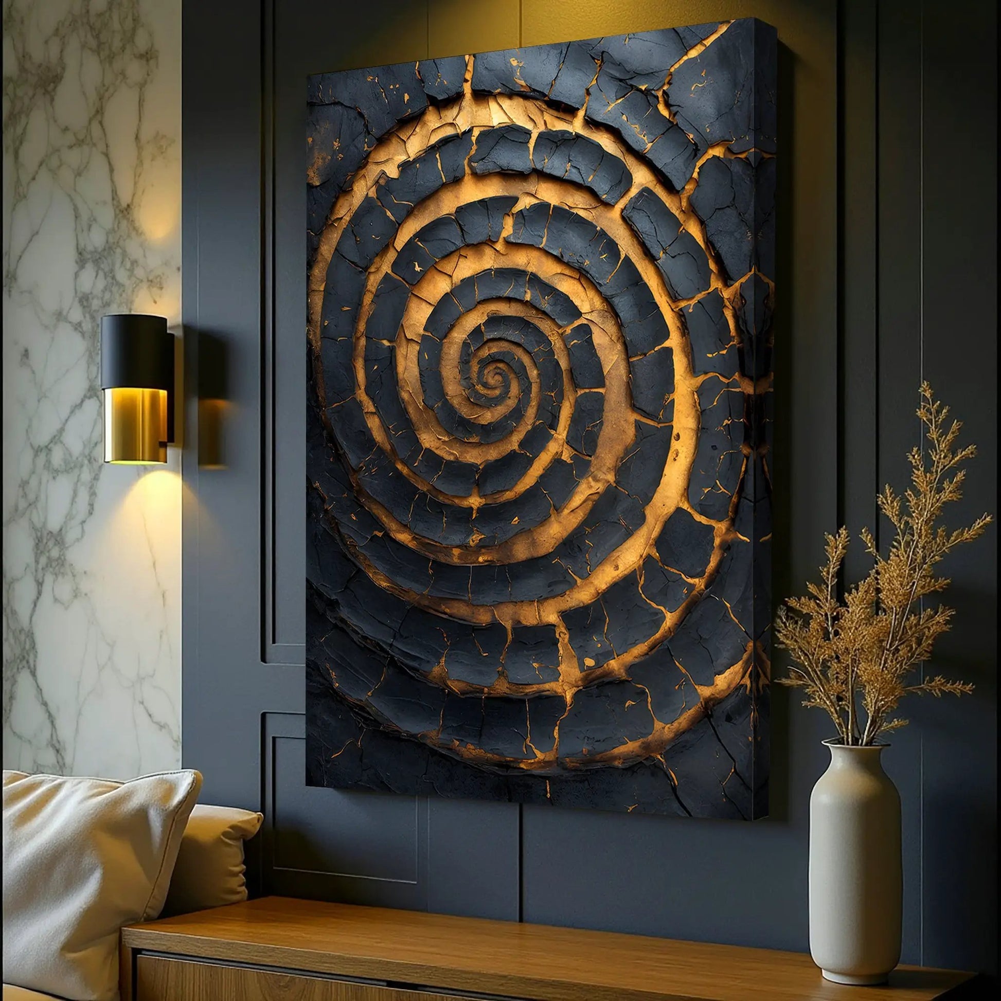 Black and gold spiral wall art canvas by Tailored Canvases with crackled texture on Tampa Home & Garden Store