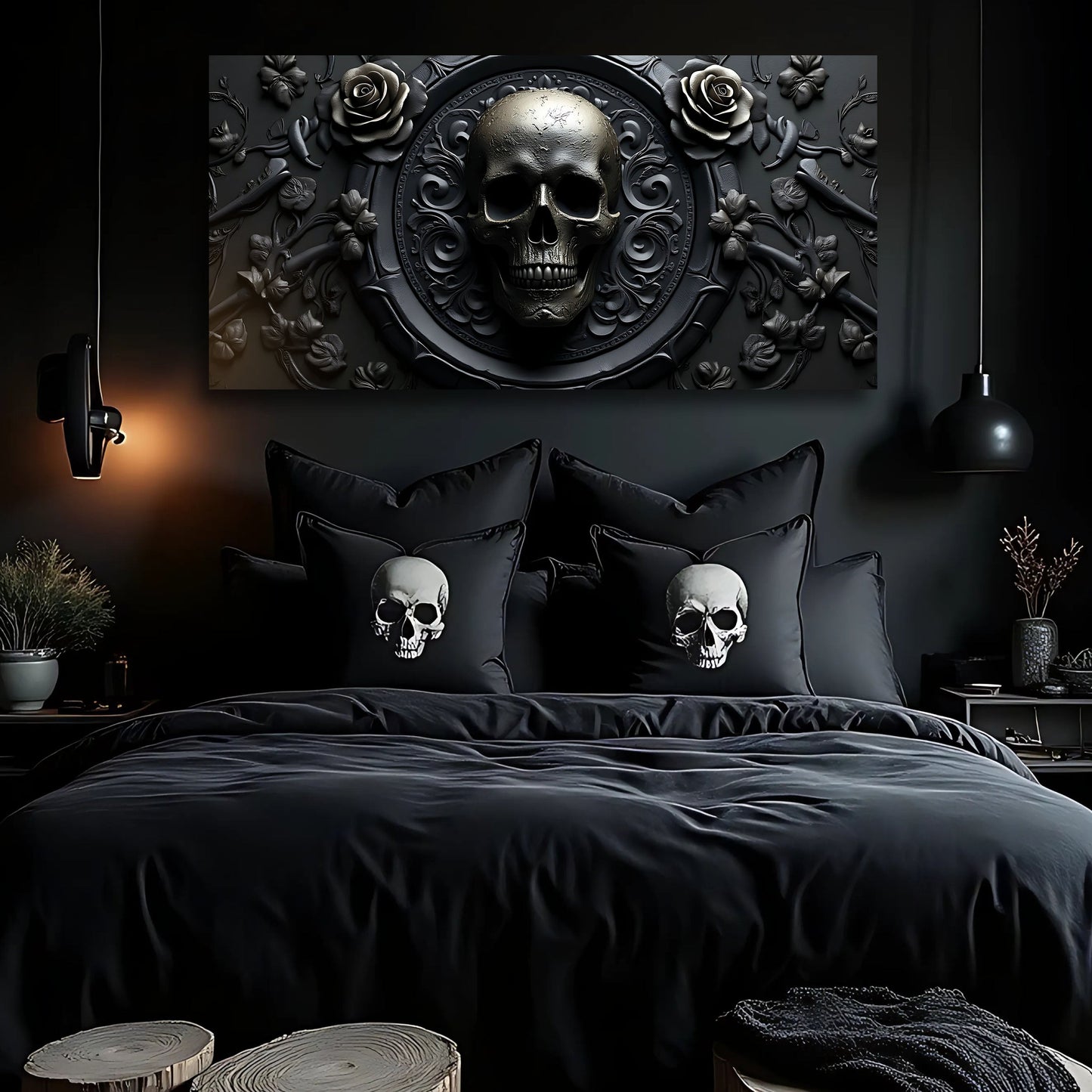 3D Rose and Skull Wall Art VI canvas with a metallic skull in an ornate circular frame on Tampa Home & Garden Store
