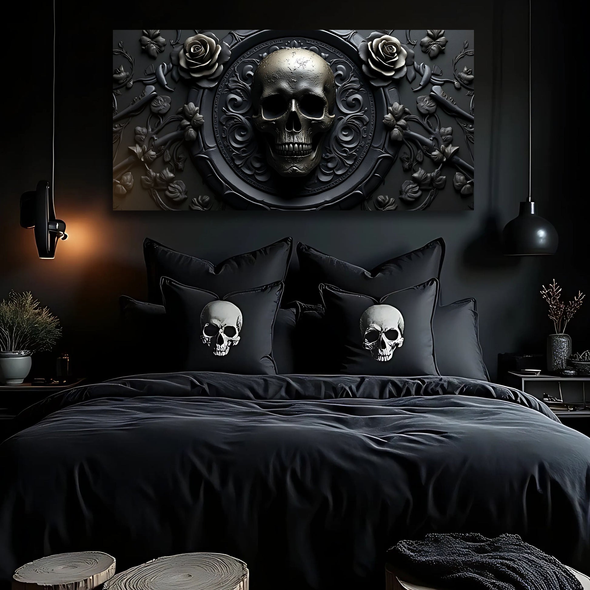 3D Rose and Skull Wall Art VI canvas with a metallic skull in an ornate circular frame on Tampa Home & Garden Store