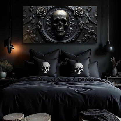 3D Rose and Skull Wall Art VI canvas with a metallic skull in an ornate circular frame on Tampa Home & Garden Store