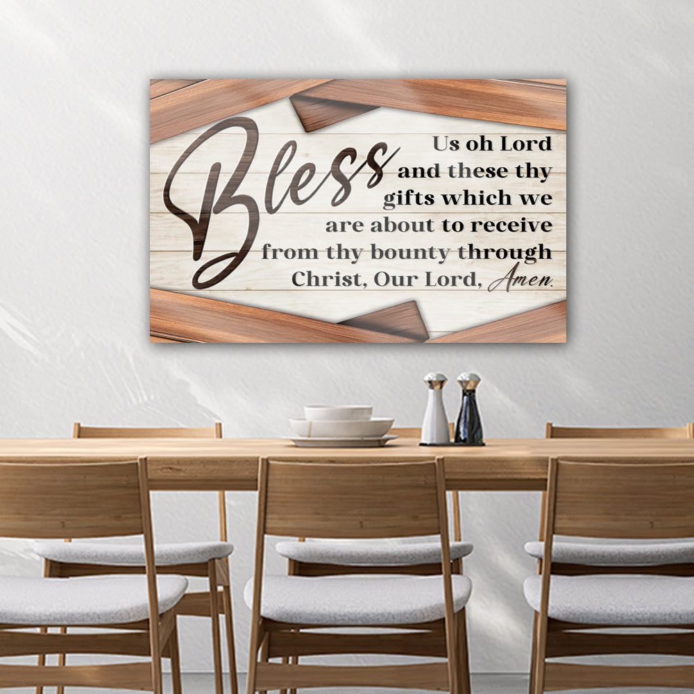 Bless Us Oh Lord faith sign canvas by Tailored Canvases, rustic wood-look scripture art on Tampa Home & Garden Store