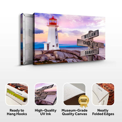 Lighthouse Family Names Sign canvas by Tailored Canvases, white lighthouse beside sign on Tampa Home & Garden Store