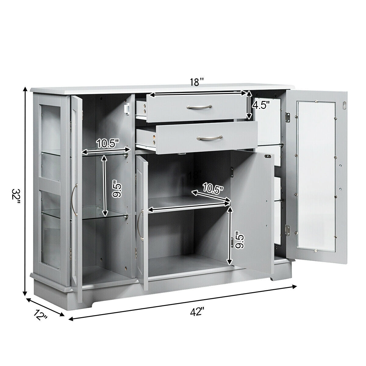 Aparador Auxiliar con 2 Cajones y Puertas de Cristal - Blanco