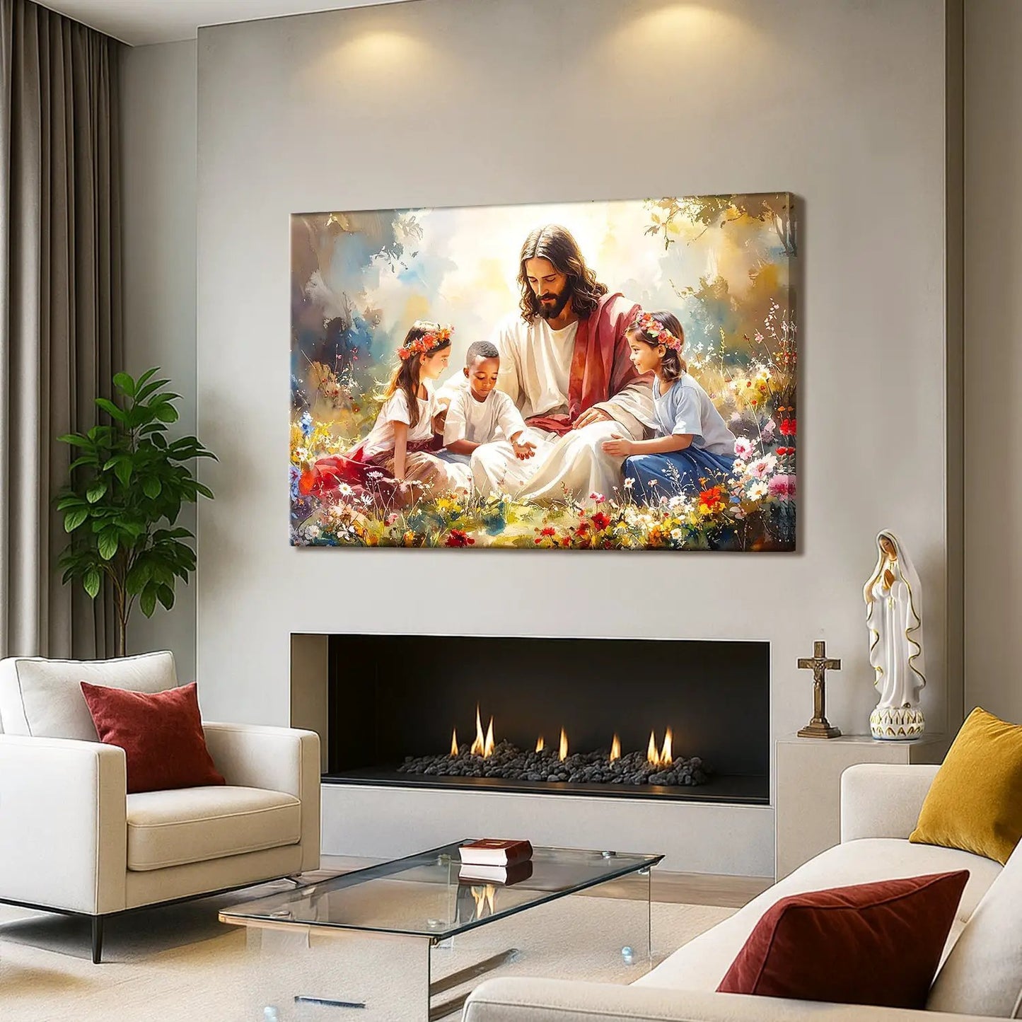 Jesus With Children Faith Wall Art IX canvas by Tailored Canvases, colorful floral meadow scene on Tampa Home & Garden Store
