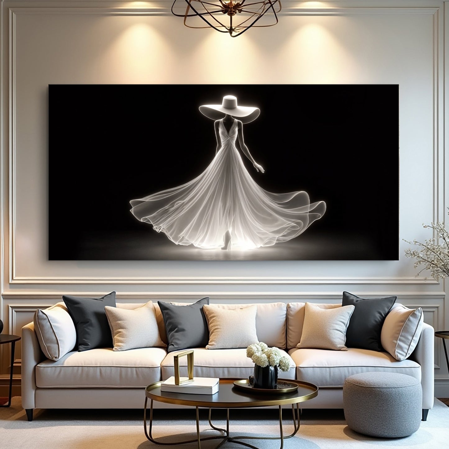 Modern Glam Fashion Wall Art canvas with glowing figure in gown and wide-brim hat on black on Tampa Home & Garden Store