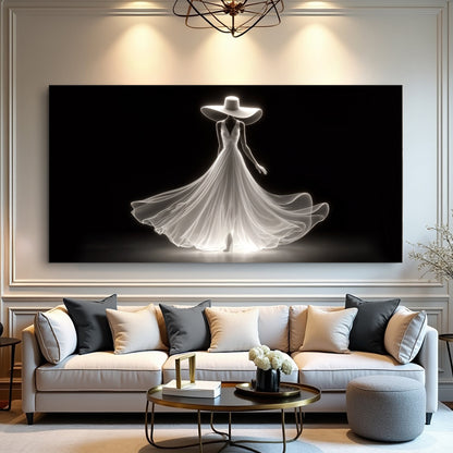 Modern Glam Fashion Wall Art canvas with glowing figure in gown and wide-brim hat on black on Tampa Home & Garden Store