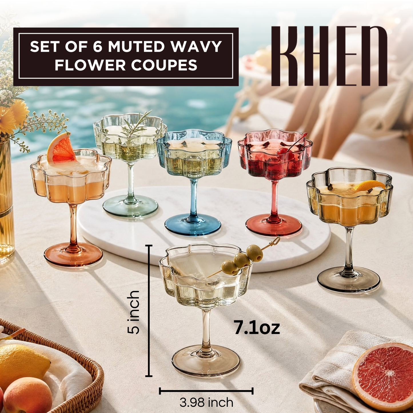Elegant Muted Flower Coupe Glasses Set of 6