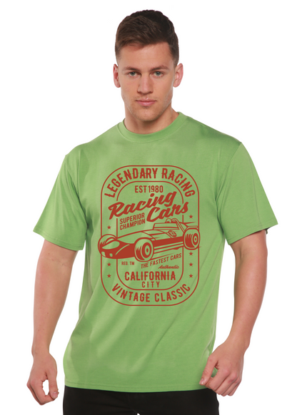 Legendary Racing Cars men's bamboo tee with red print in green by Spun Bamboo on Tampa Home & Garden Store
