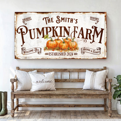 Personalized Pumpkin Farm Sign canvas by Tailored Canvases with rustic pumpkin illustration on crafting canvas on Tampa Home & Garden Store
