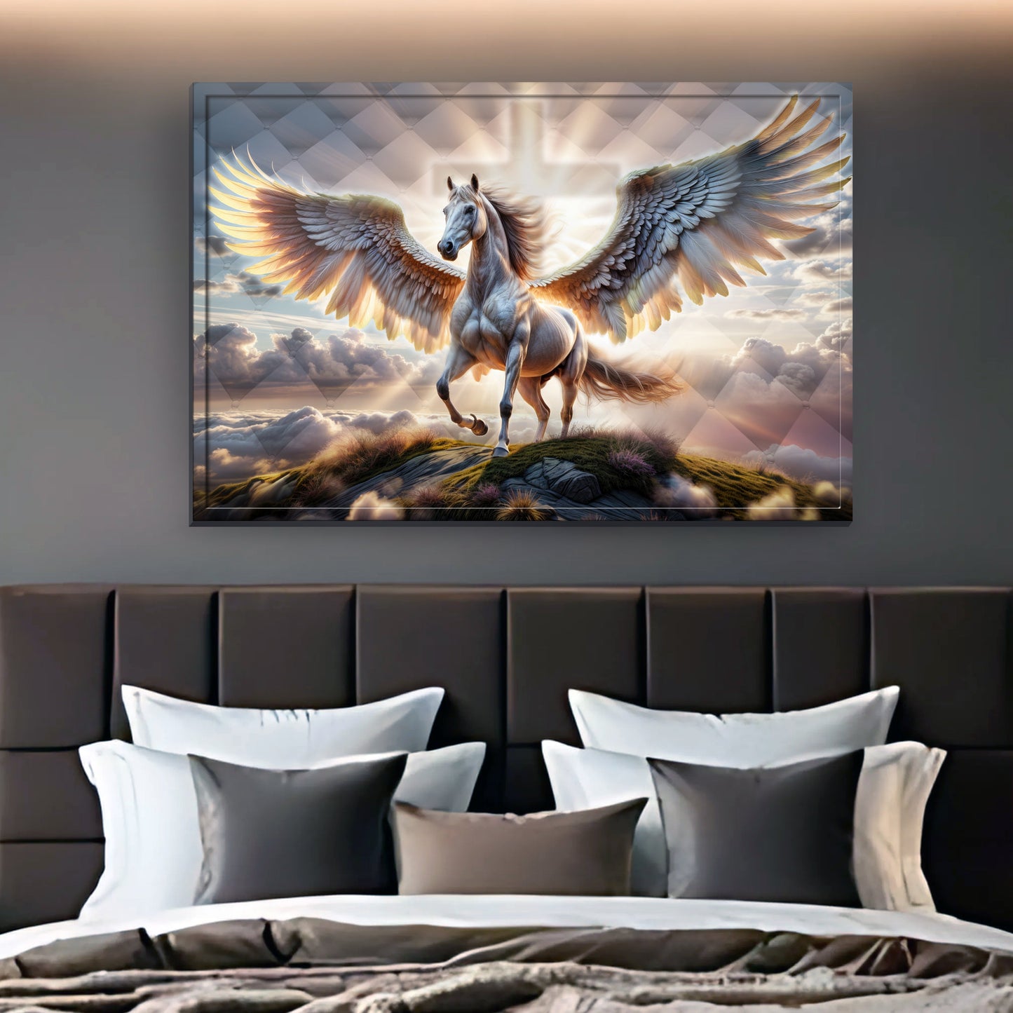 3D Horse Faith Wall Art VI canvas by Tailored Canvases shows a winged horse in sunset clouds on Tampa Home & Garden Store