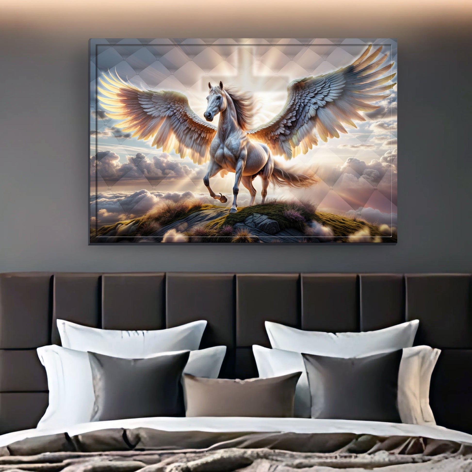 3D Horse Faith Wall Art VI canvas by Tailored Canvases shows a winged horse in sunset clouds on Tampa Home & Garden Store
