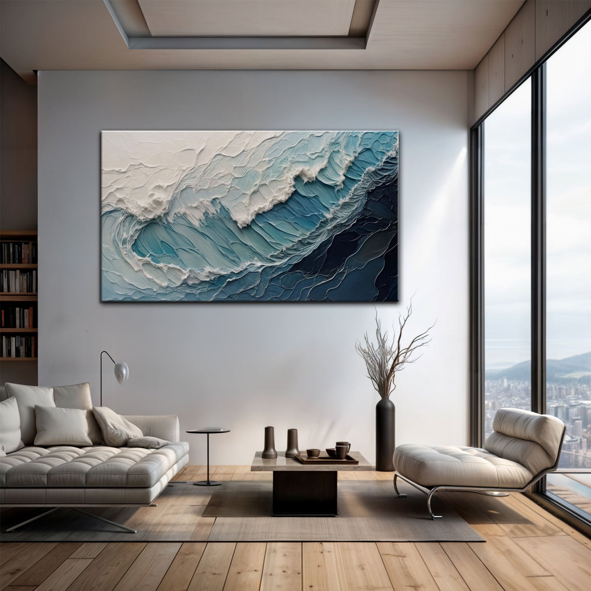 Ocean's Embrace Seascape Canvas; blue waves on gray wall in a modern living room on Tampa Home & Garden Store