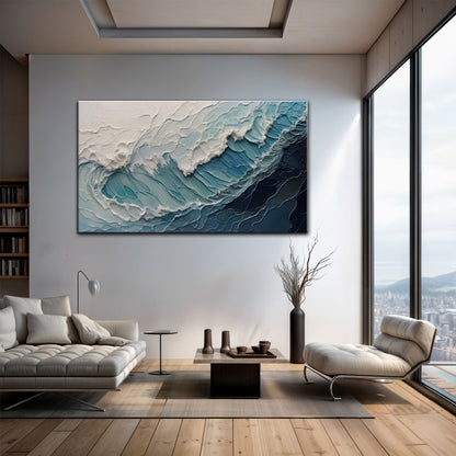 Ocean's Embrace Seascape Canvas; blue waves on gray wall in a modern living room on Tampa Home & Garden Store