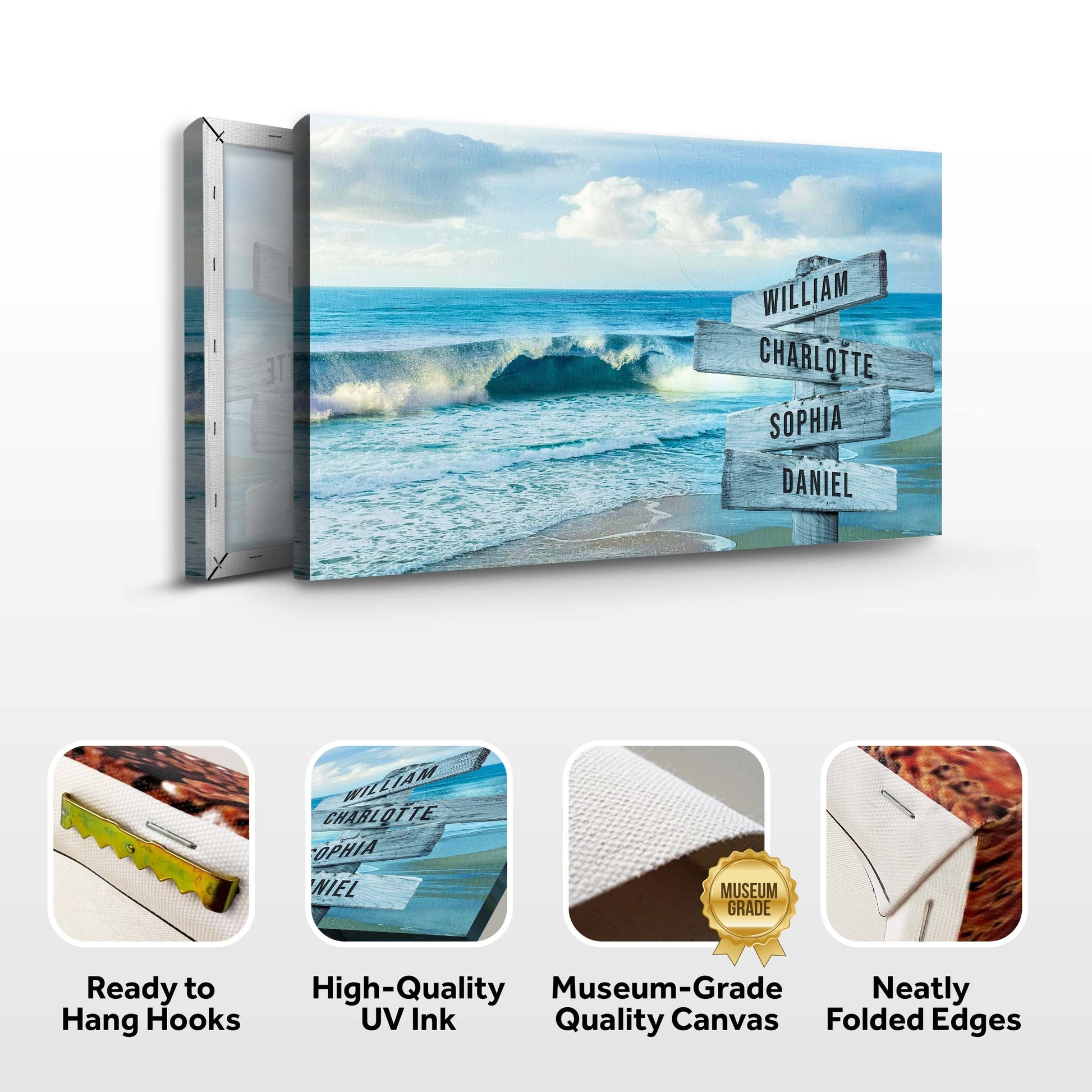 Family Names Beach Sign canvas with weathered wooden signposts over a blue ocean scene on Tampa Home & Garden Store