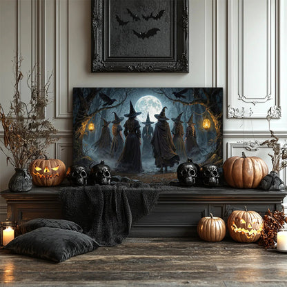 Coven of Witches Halloween Wall Art canvas by Tailored Canvases; moonlit witches with pumpkins and candles on mantle on Tampa Home & Garden Store
