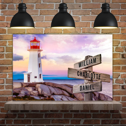 Lighthouse family names sign canvas with name boards WILLIAM CHARLOTTE DANIEL on brick wall on Tampa Home & Garden Store
