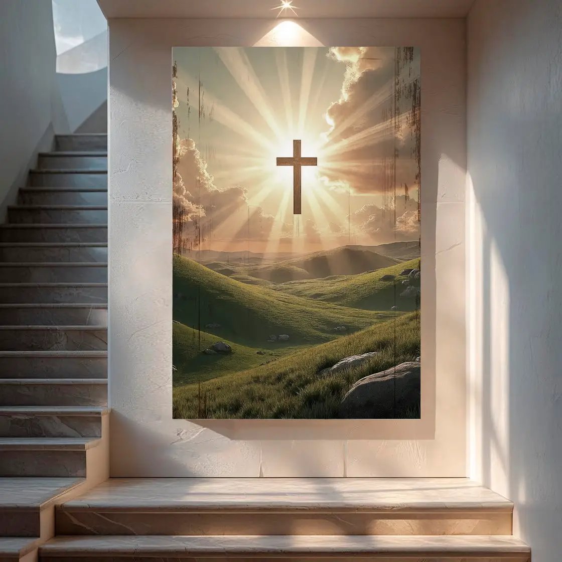 Amazing Grace wall sign canvas by Tailored Canvases with a cross against sunrise over hills on Tampa Home & Garden Store