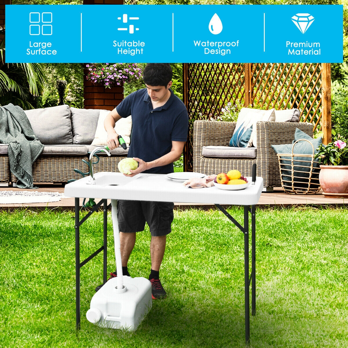 GemGear folding camping table with built-in sink faucet and sprayer, white surface on Tampa Home & Garden Store