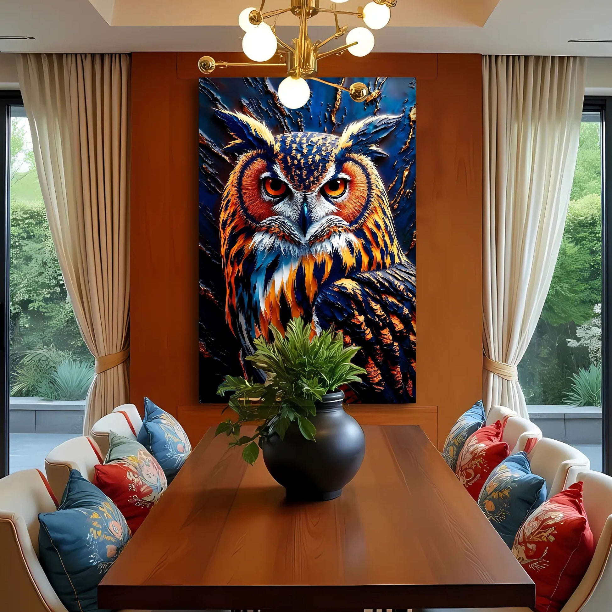 Abstract Owl Wall Art canvas by Tailored Canvases in bold blue and orange plumage on Tampa Home & Garden Store