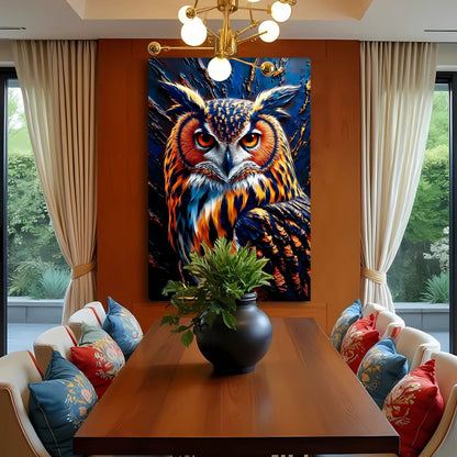 Abstract Owl Wall Art canvas by Tailored Canvases in bold blue and orange plumage on Tampa Home & Garden Store