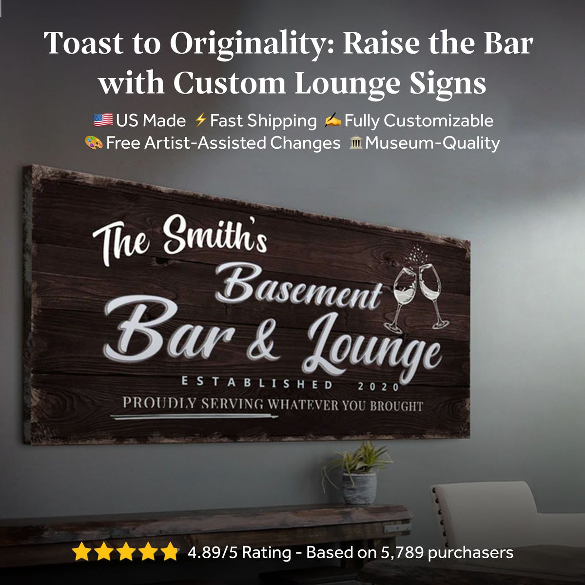 Basement Bar And Lounge Sign X canvas by Tailored Canvases, dark wood with white script on Tampa Home & Garden Store