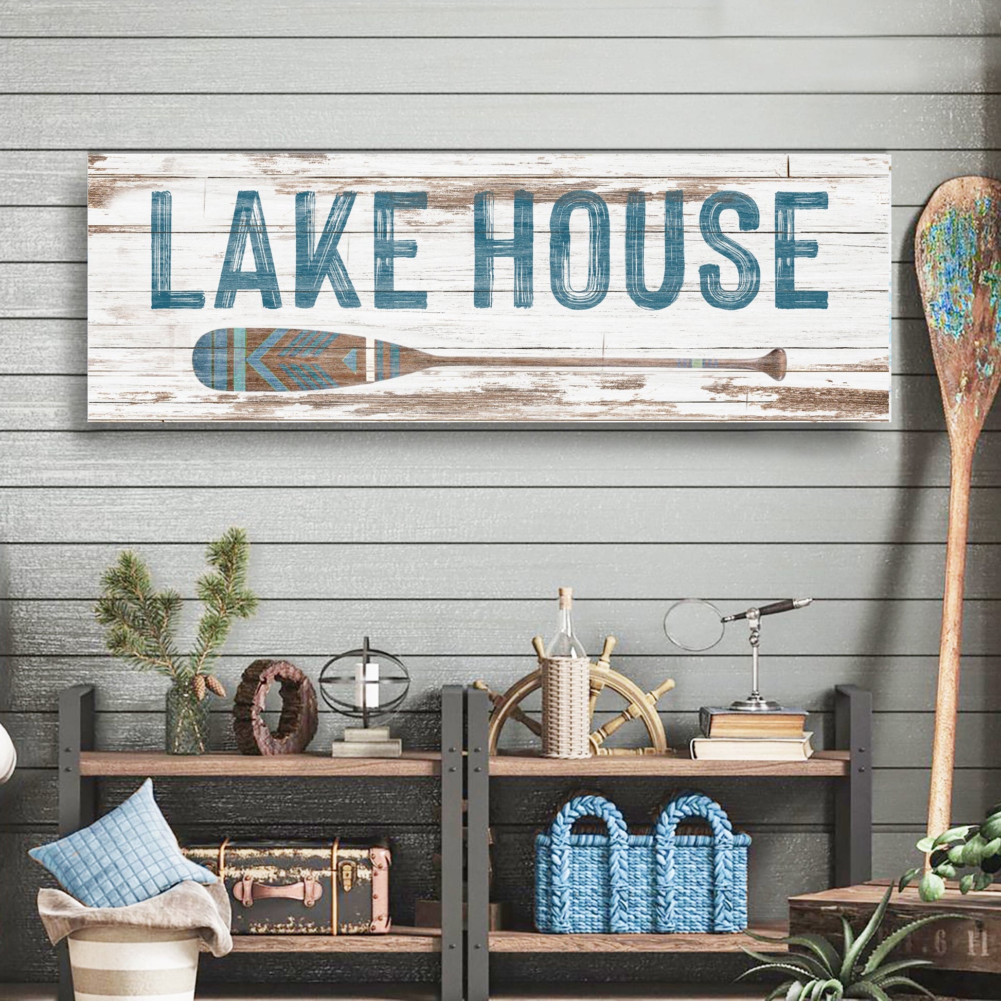 Lake House Coastal Sign II canvas wall art with distressed white wood planks and blue lettering on Tampa Home & Garden Store