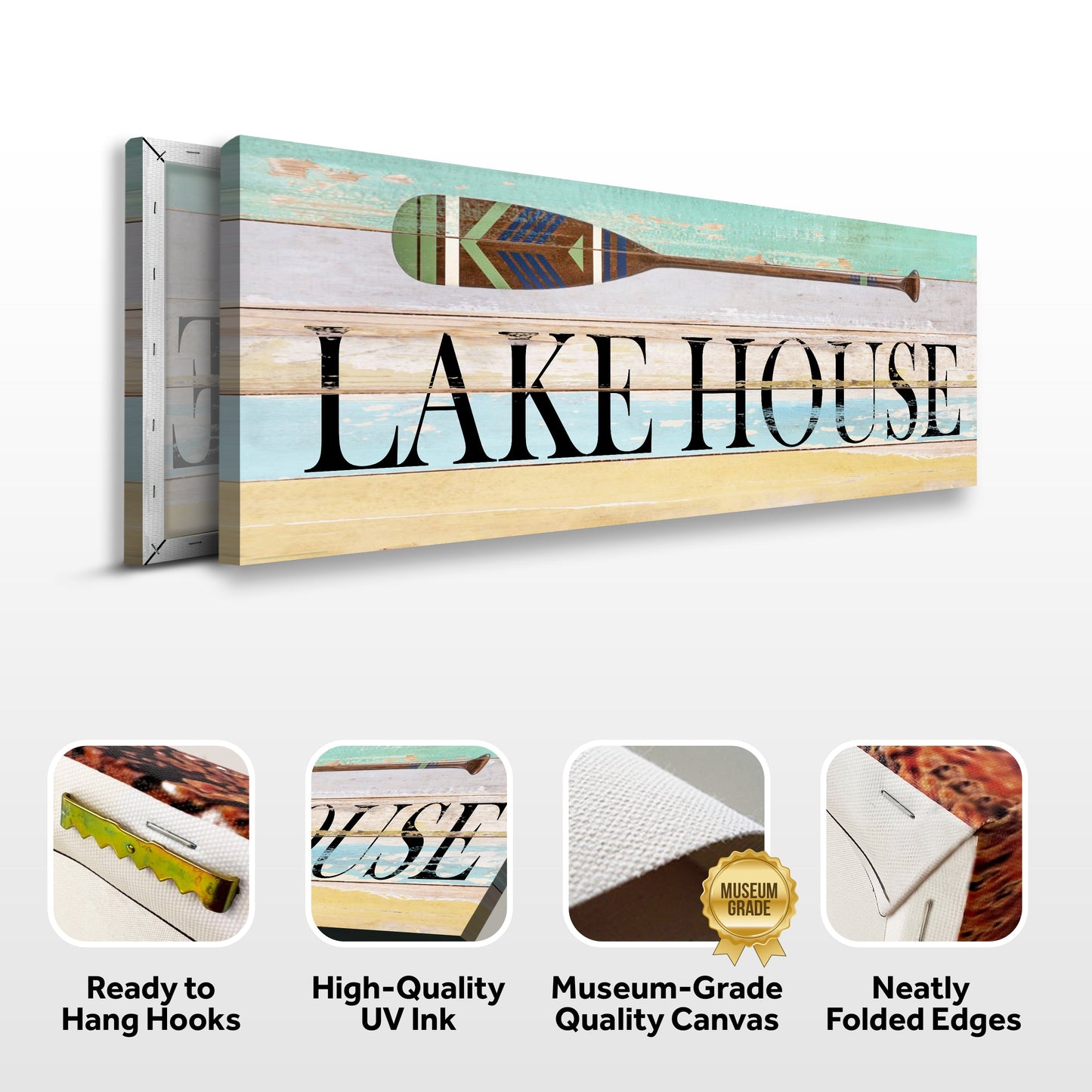 Lake House Coastal Sign canvas with distressed wood planks, turquoise sky, and paddle motif on Tampa Home & Garden Store
