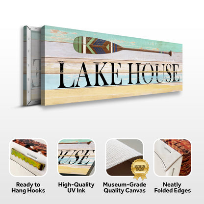 Lake House Coastal Sign canvas with distressed wood planks, turquoise sky, and paddle motif on Tampa Home & Garden Store