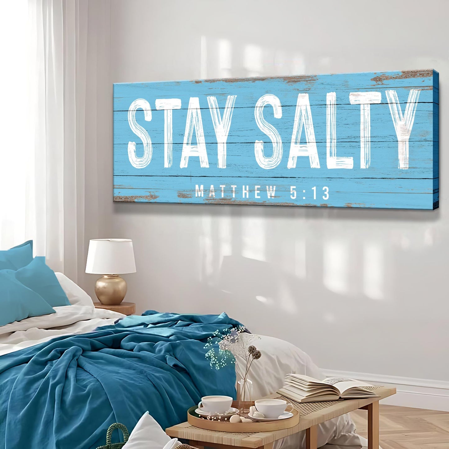 Stay Salty Coastal Sign IV canvas Tailored Canvases; blue distressed-wood with white lettering on Tampa Home & Garden Store