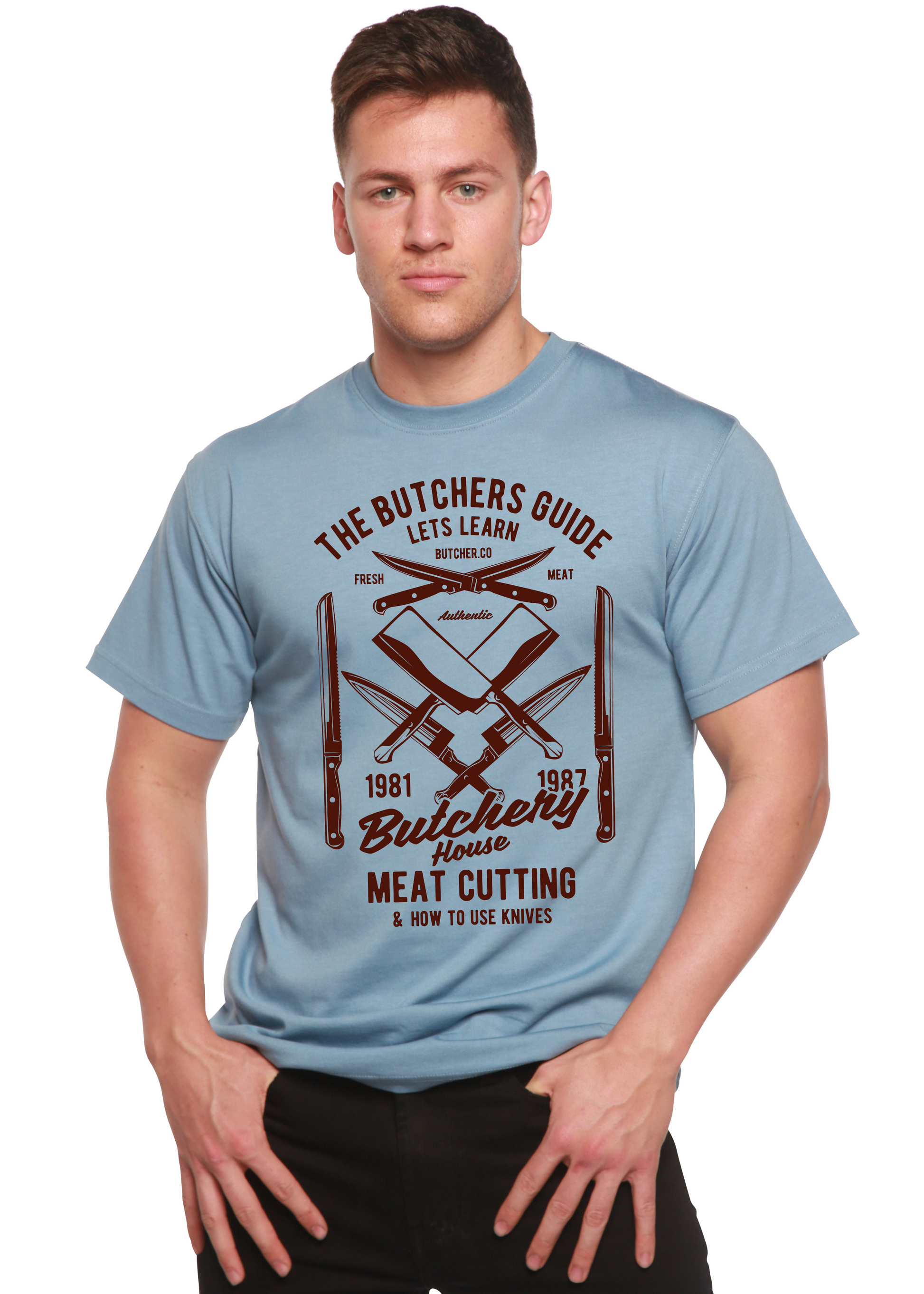 Butchery House men's graphic T-shirt blue bamboo viscose/organic cotton by Spun Bamboo on Tampa Home & Garden Store