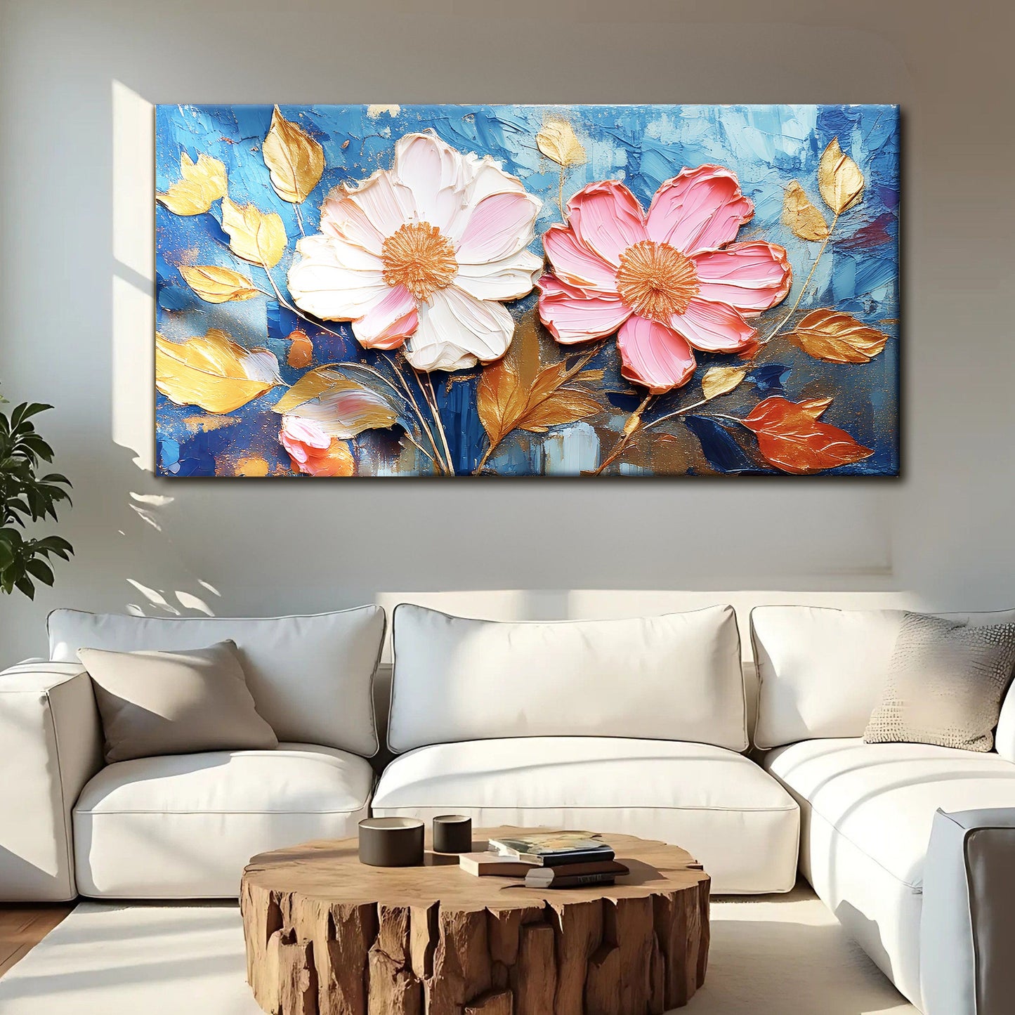 Golden Petals Impasto Wall Art canvas with pink blooms and gold leaves on blue background on Tampa Home & Garden Store