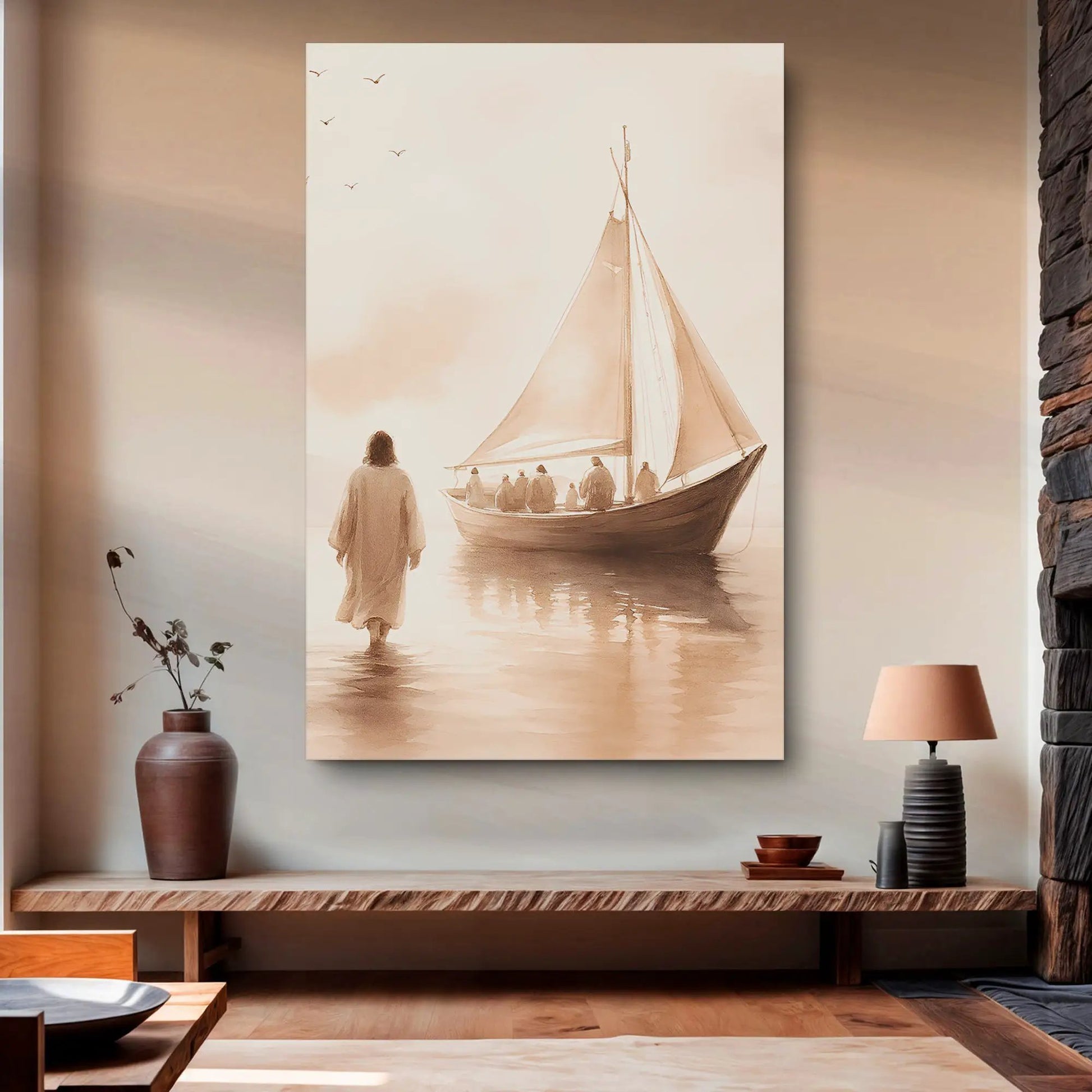 Canvas Jesus Christ Walking On Water Faith Wall Art VIII by Tailored Canvases, sepia tone on Tampa Home & Garden Store