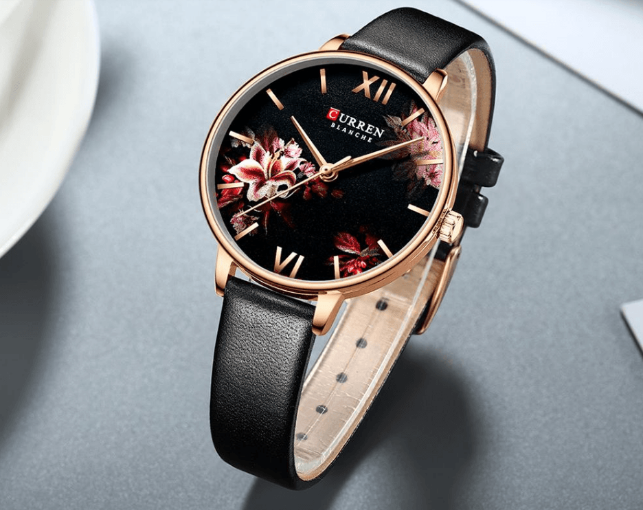 Womens watch floral decoupage dial with large Roman numerals rose gold case black leather strap on Tampa Home & Garden Store