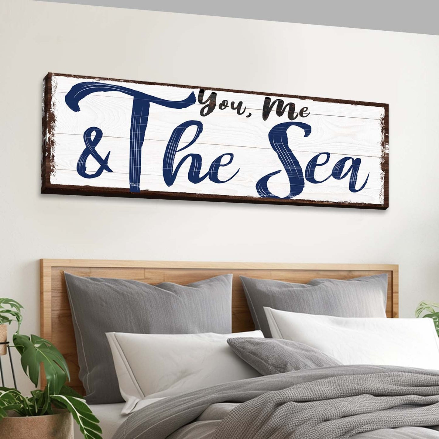 You, Me And The Sea Beach Sign II canvas wall art featuring whitewashed planks, navy script, brown distressed frame Tailored Canvases on Tampa Home & Garden Store