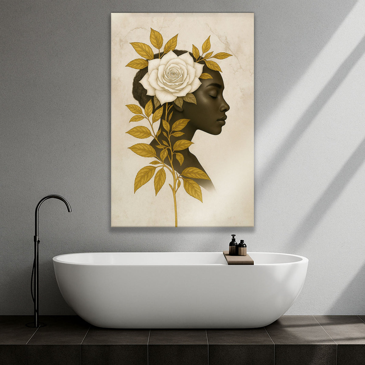 Floral Majesty Wall Art II canvas by Tailored Canvases with white rose and gold leaves on Tampa Home & Garden Store