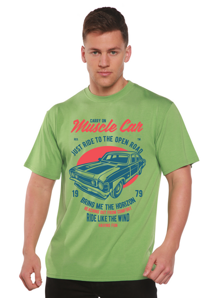 Muscle Car Spun Bamboo men's green short sleeve tee with blue car print and red circle on Tampa Home & Garden Store