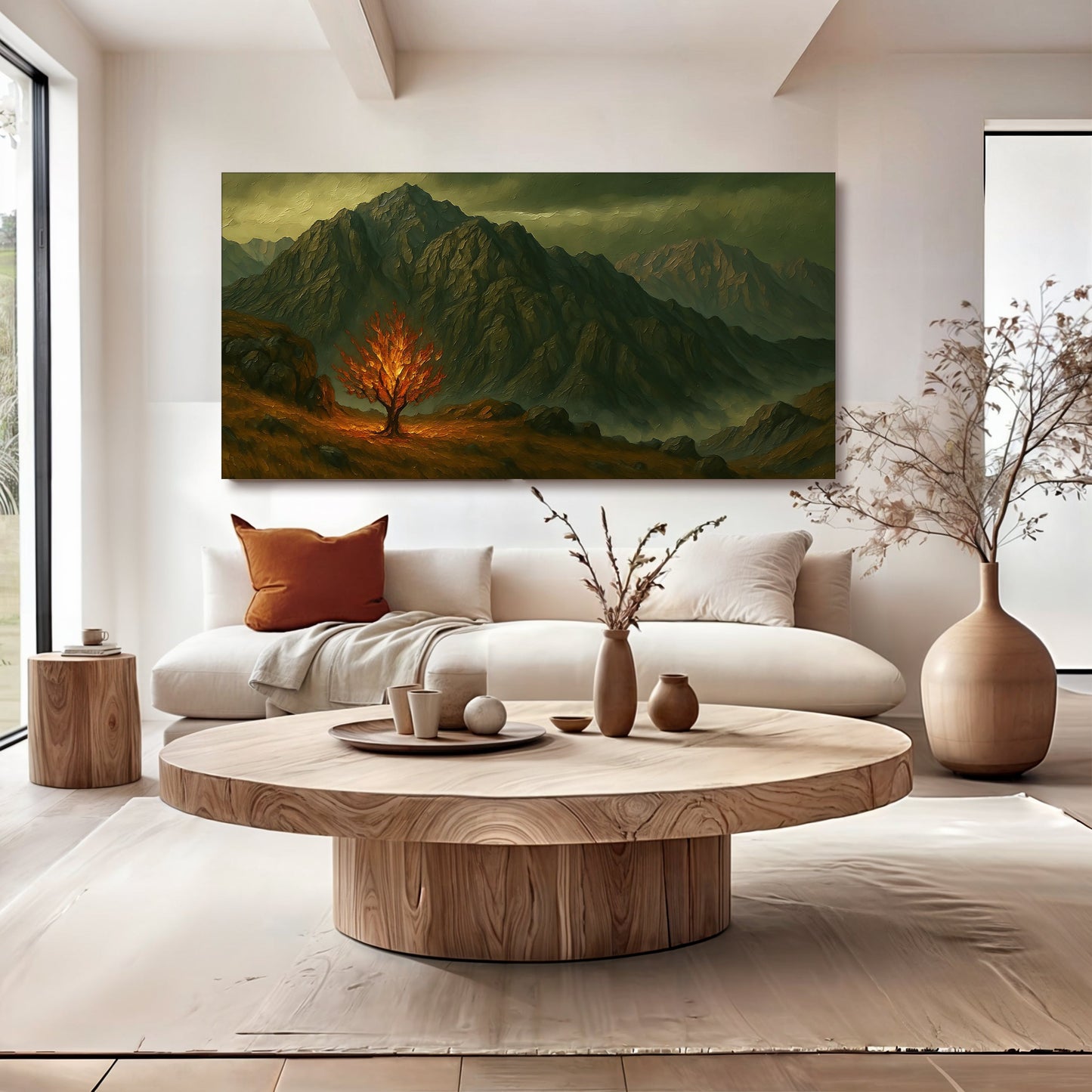 Burning Bush Faith Wall Art III canvas by Tailored Canvases, green mountains, orange tree on Tampa Home & Garden Store