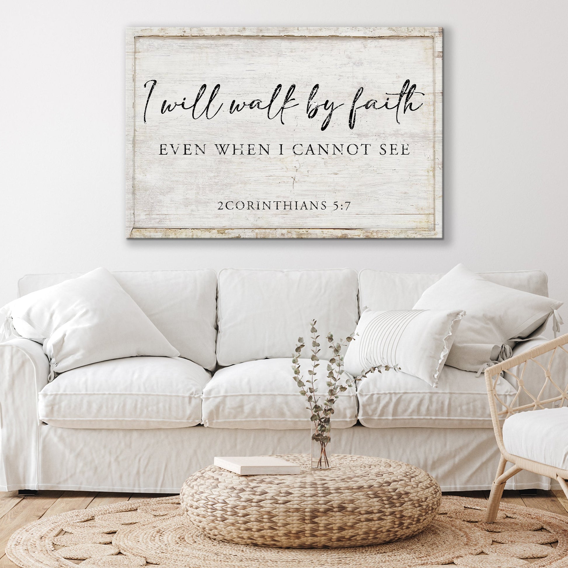 Canvas faith sign by Tailored Canvases with distressed white wood 2CORINTHIANS 5:7 on Tampa Home & Garden Store