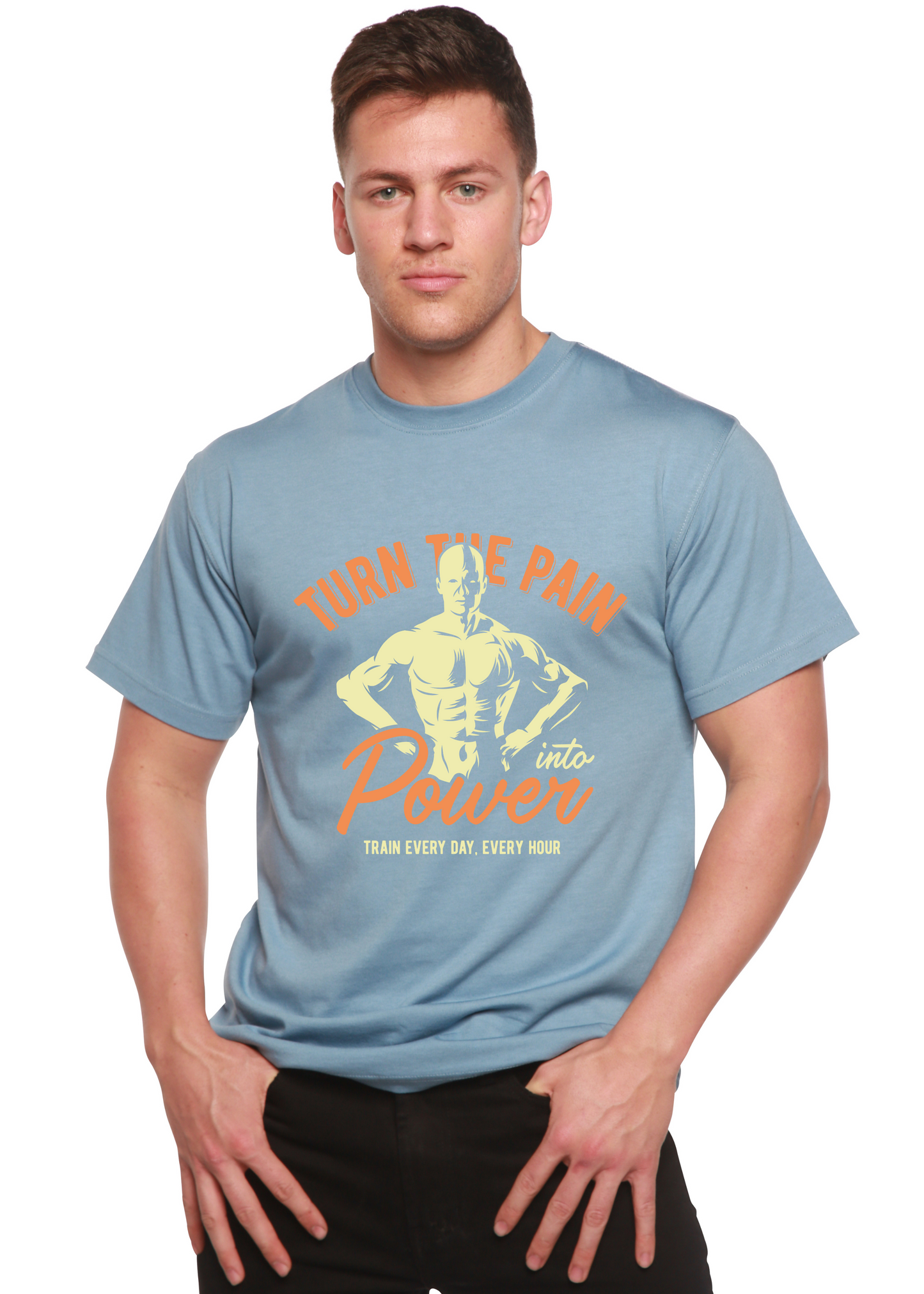 Turn The Pain men's bamboo tee with blue and orange text and yellow figure by Spun Bamboo on Tampa Home & Garden Store