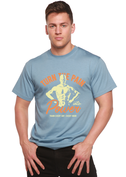 Turn The Pain men's bamboo tee with blue and orange text and yellow figure by Spun Bamboo on Tampa Home & Garden Store