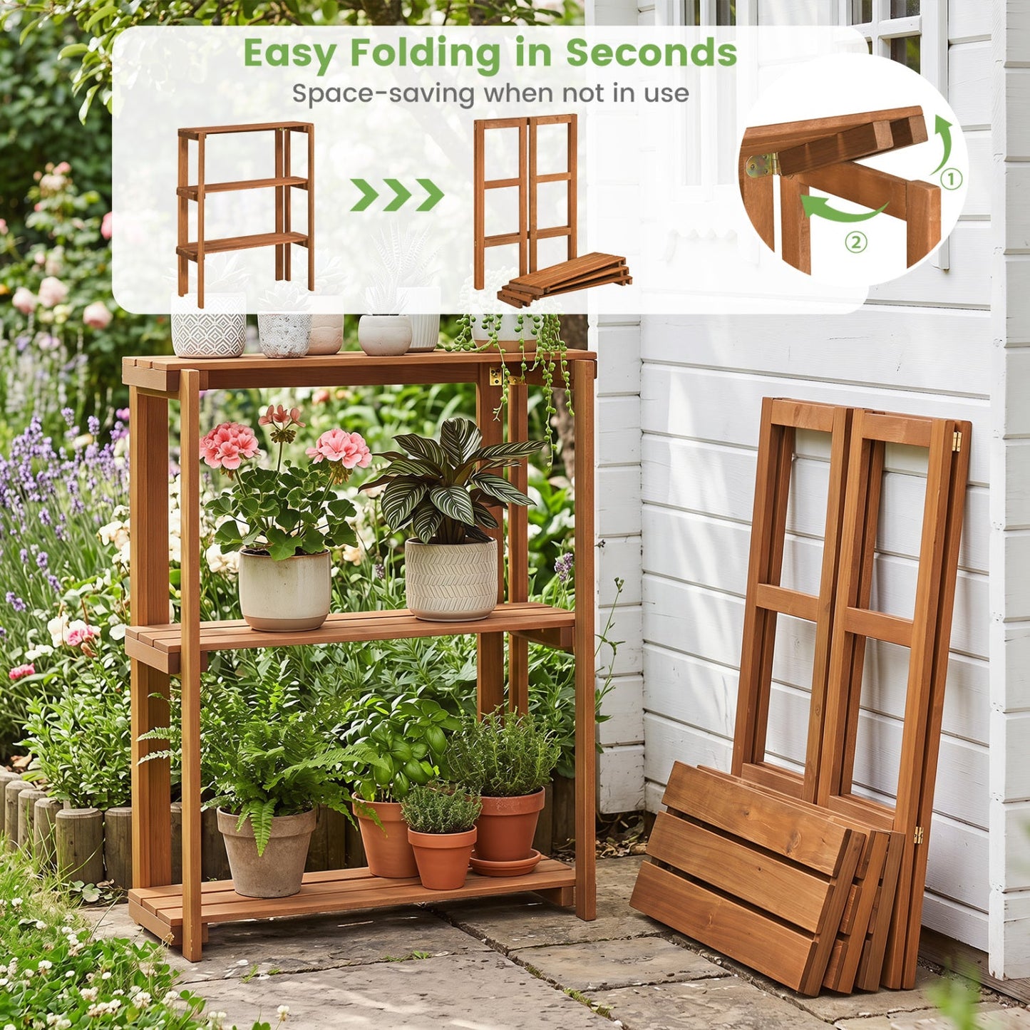 Three Tier Folding Shelf for Entryway and Garden