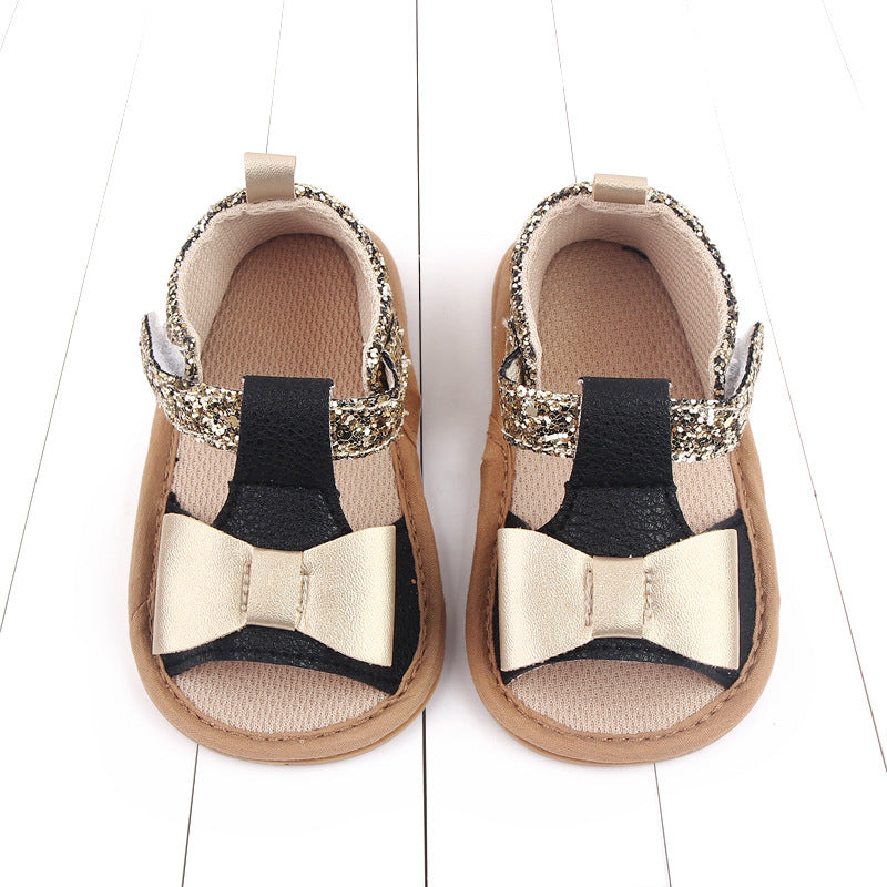 Stevvex baby girl sandals glitter ankle strap beige bow front PU leather soft sole pair on Tampa Home & Garden Store