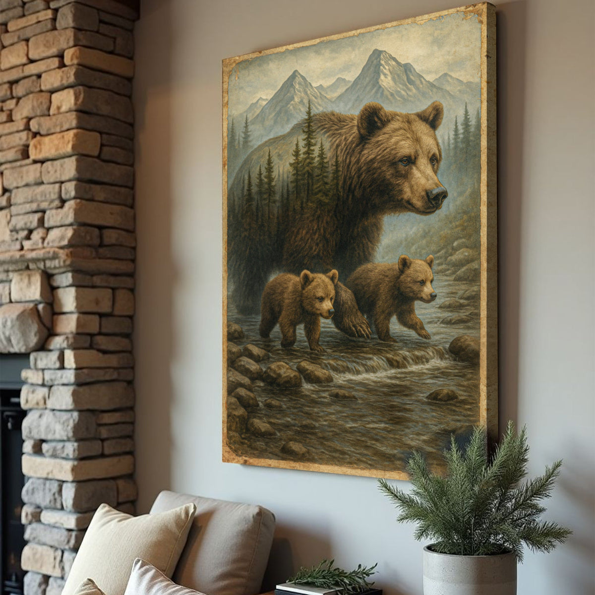 Mother Bear and Cubs Crossing Double Exposure Canvas wall art with mountains and pine forest on Tampa Home & Garden Store