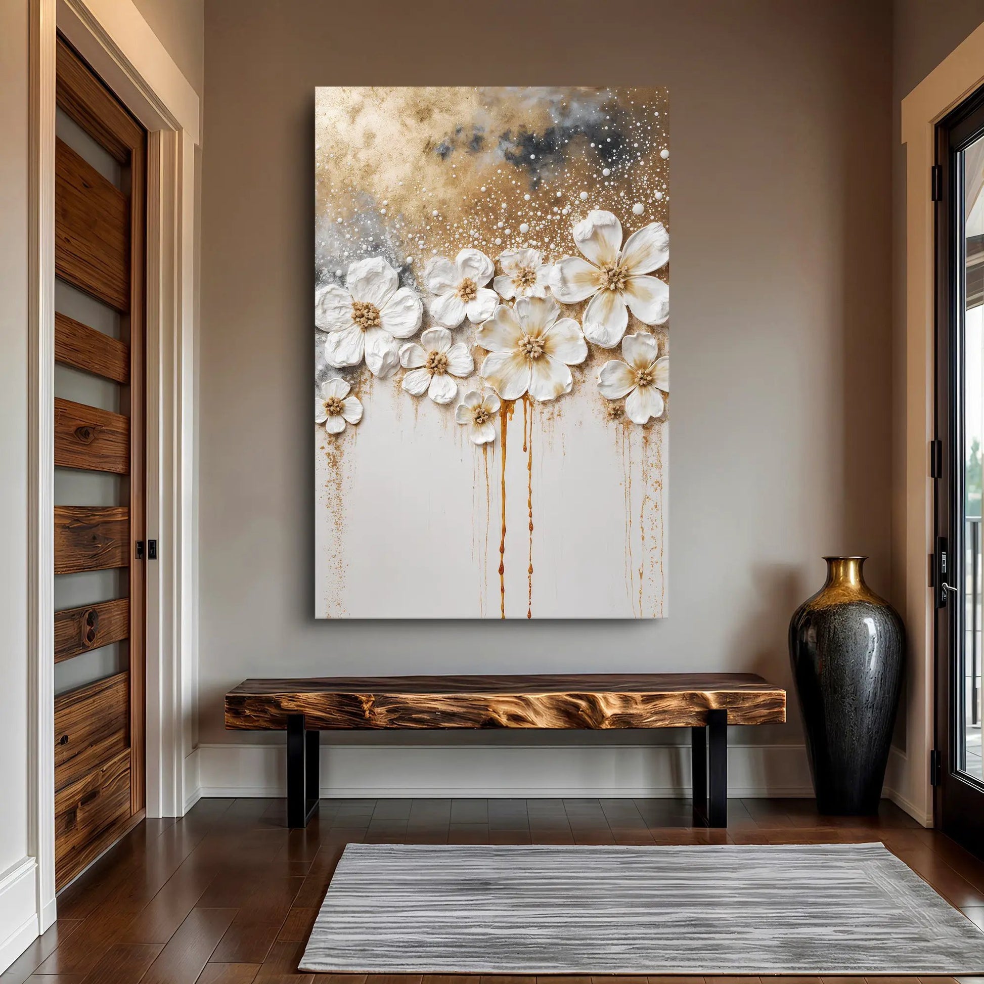 Gold Floral Wall Art canvas with white flowers and gold drip accents by Tailored Canvases on Tampa Home & Garden Store