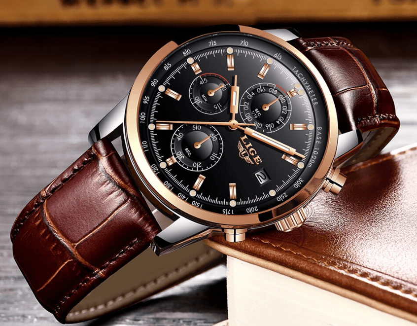 Men's waterproof watch by Stevvex with brown leather strap, gold-tone case and date display on Tampa Home & Garden Store